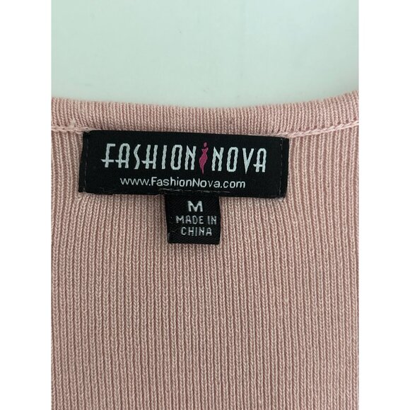 Y2K Dress M Blush Knit Bodycon Deep V Neck Sleeve Tie Waist Side Slit Night Out - Picture 4 of 16